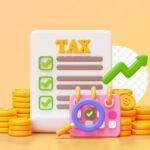 Tax payment with coin stacks and magnifying glass on calendar business and finance 3D background illustration